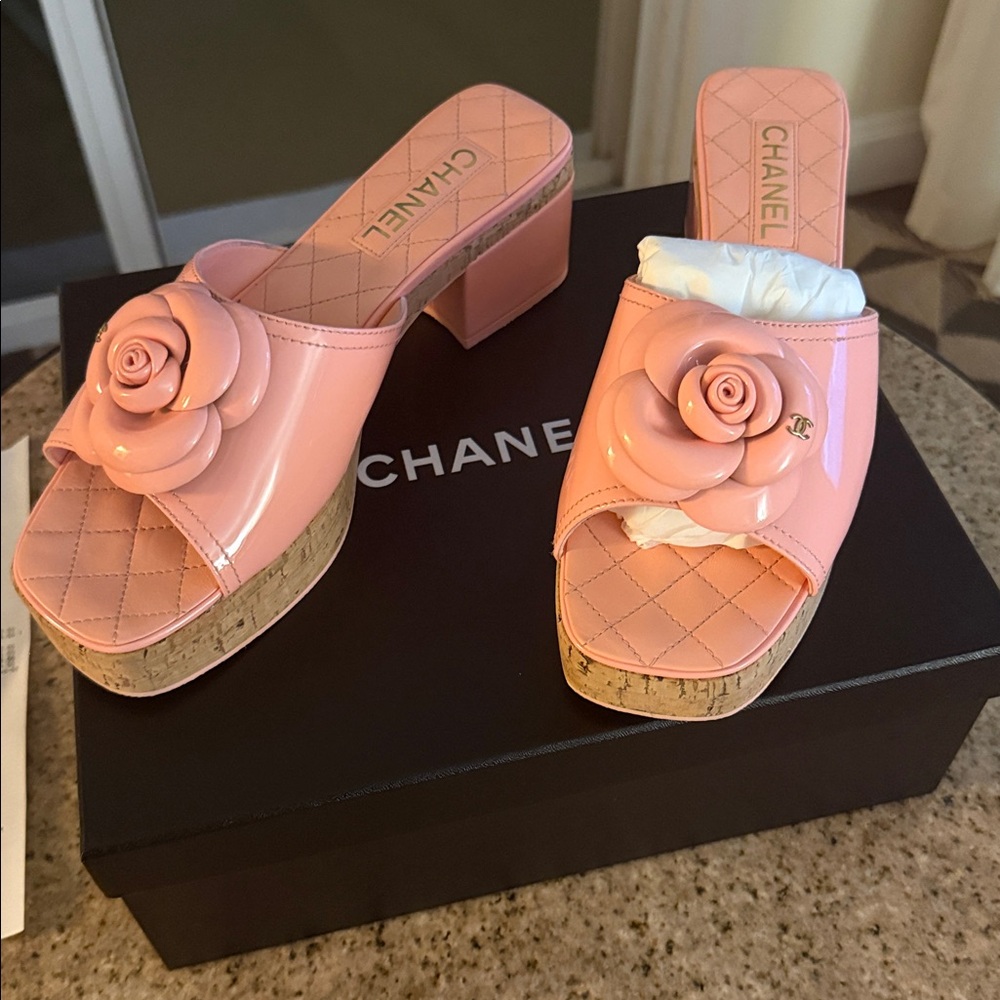 CHANEL Coral Floral Mules